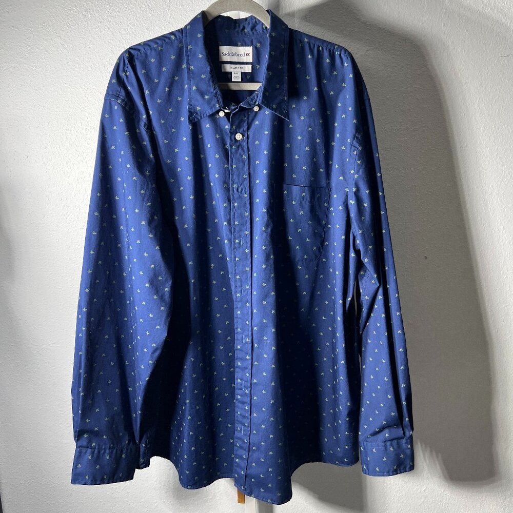 Saddlebred Blue Christmas-Themed Holly Berry Long-Sleeve Button-Up SZ 2XLT